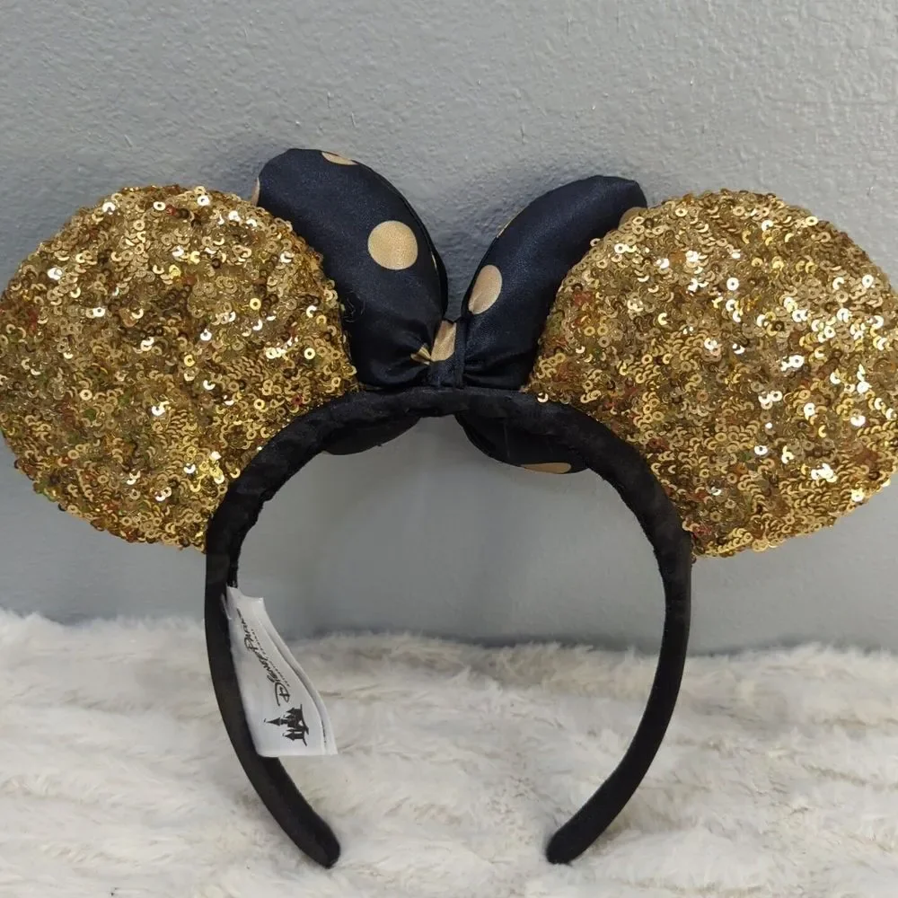 Disney Parks Minnie Mouse Gold Sequin Ear Headband Black & Gold Polka‎ Dot Bow